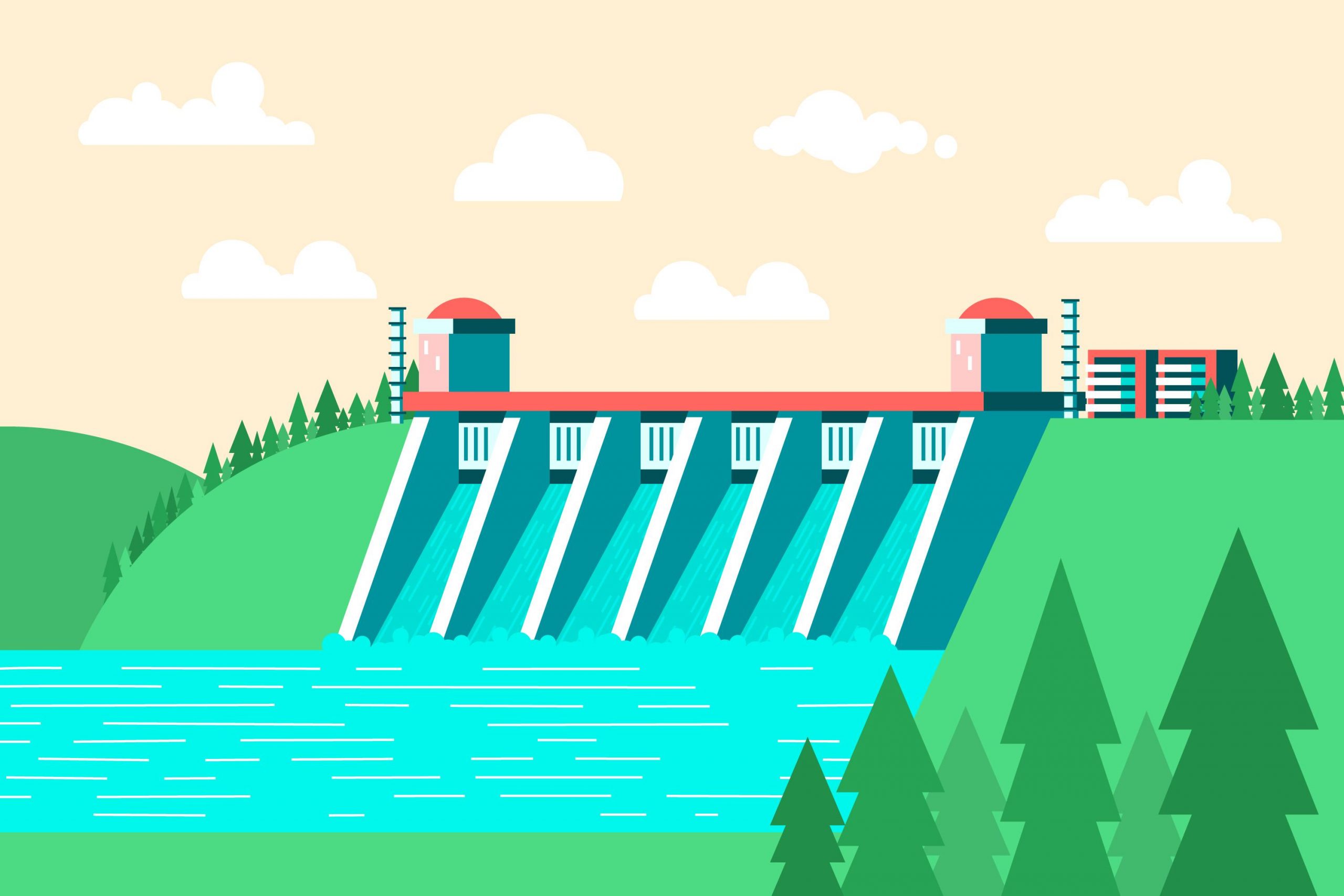Ilustração estilizada de uma barragem hidrelétrica. A barragem é representada com grandes comportas abertas por onde a água está fluindo para um rio abaixo.