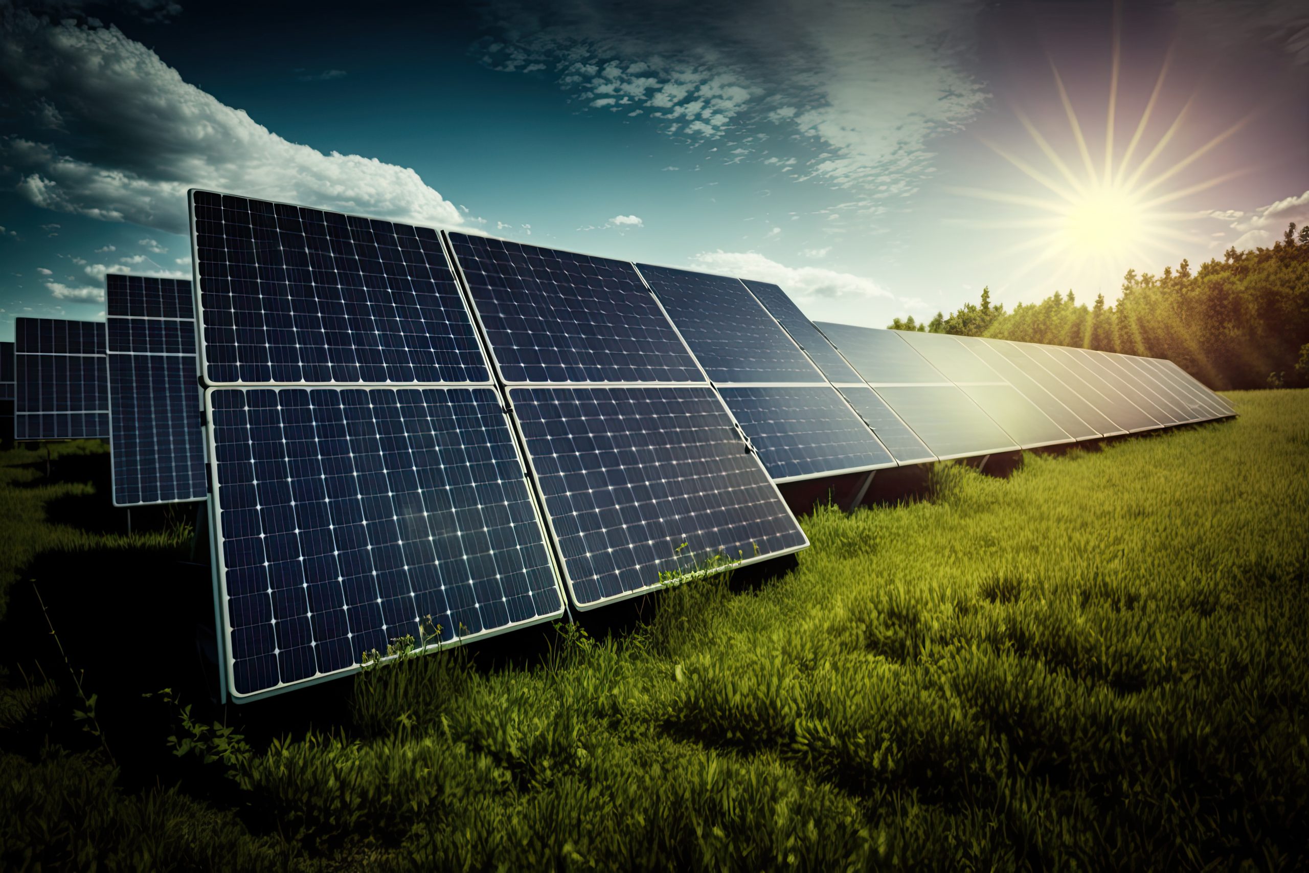 Painéis solares fotovoltaicos em um campo verde sob um céu claro com sol brilhante, ilustrando o conceito de energia alternativa.