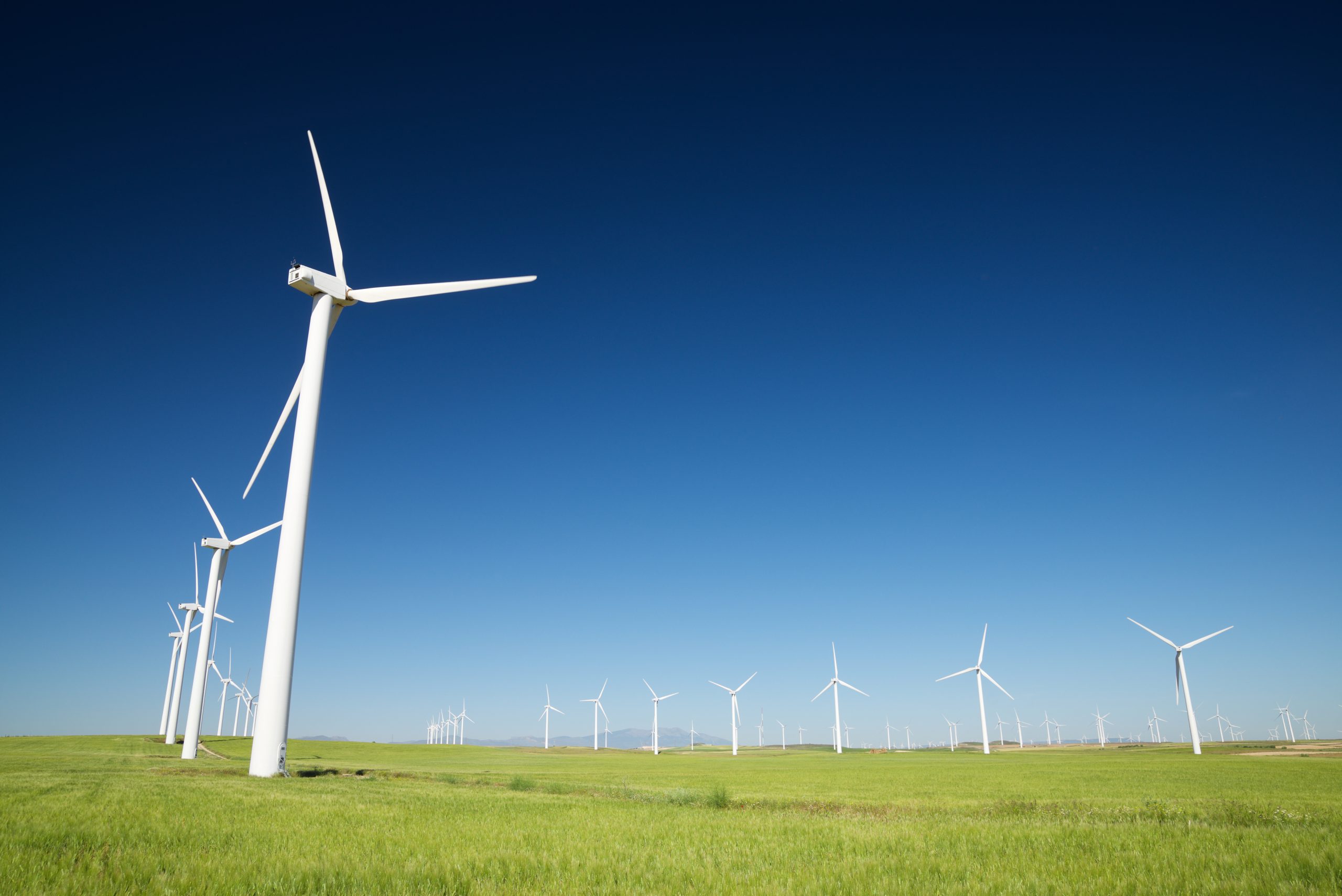 Turbinas de energia eólica em um campo verde com um céu azul.