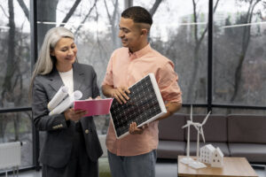 Profissionais discutindo planejamento de energia sustentável com modelo de painel solar e turbina eólica em um ambiente corporativo.