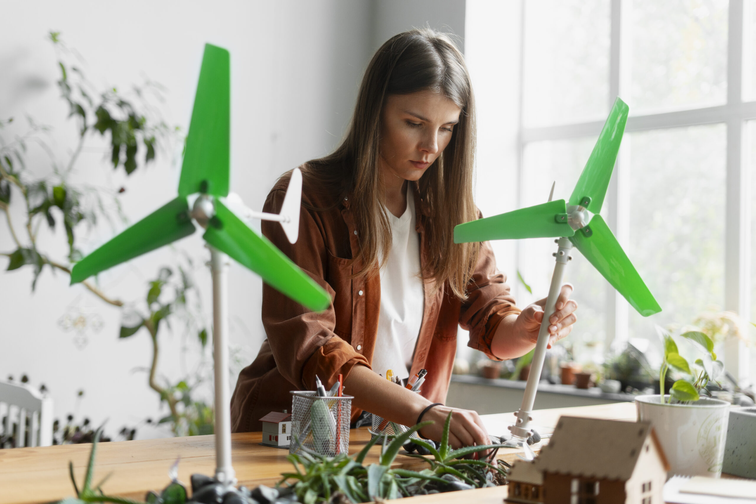 Uma mulher montando uma maquete de um parque eólico, uma energia sustentável e sustentável.