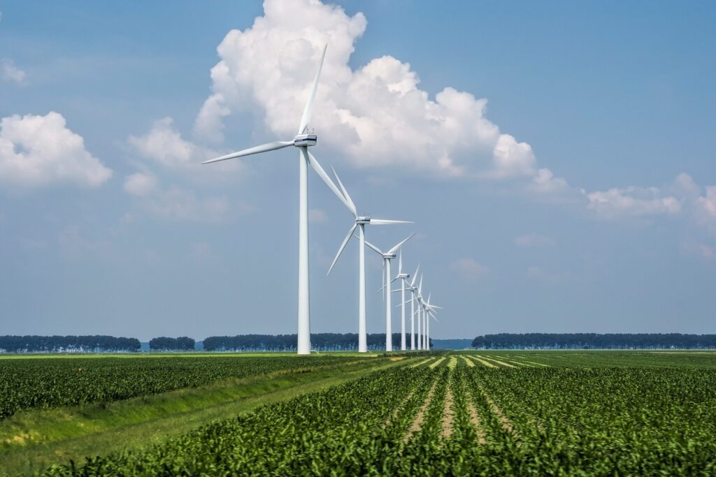 Vista de um campo co turbinas eólicas ilustrando a importância das energias renováveis.