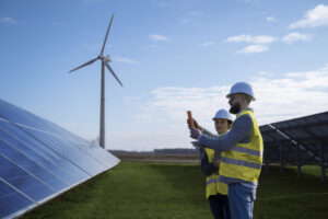 Imagem de um homem olhando placas solares. Ilustrando o tema do blog "Energia incentivada"