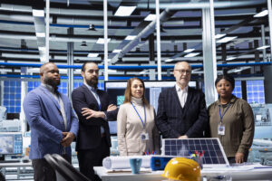 Colaboradores junto com uma gestora de energia analisando investimentos estratégicos em energia.
